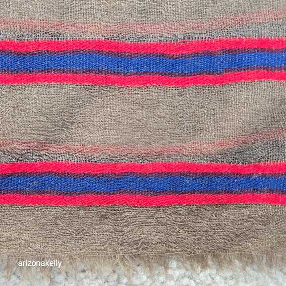 NWOT Wool Lightweight Woven Scarf Wrap Tan With Blue & Red Stripes - Picture 4 of 9